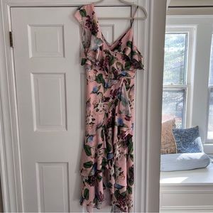 OPT Floral Ruffle Maxi Womens Dress Cold Shoulder Pink Asymmetrical Long Size M